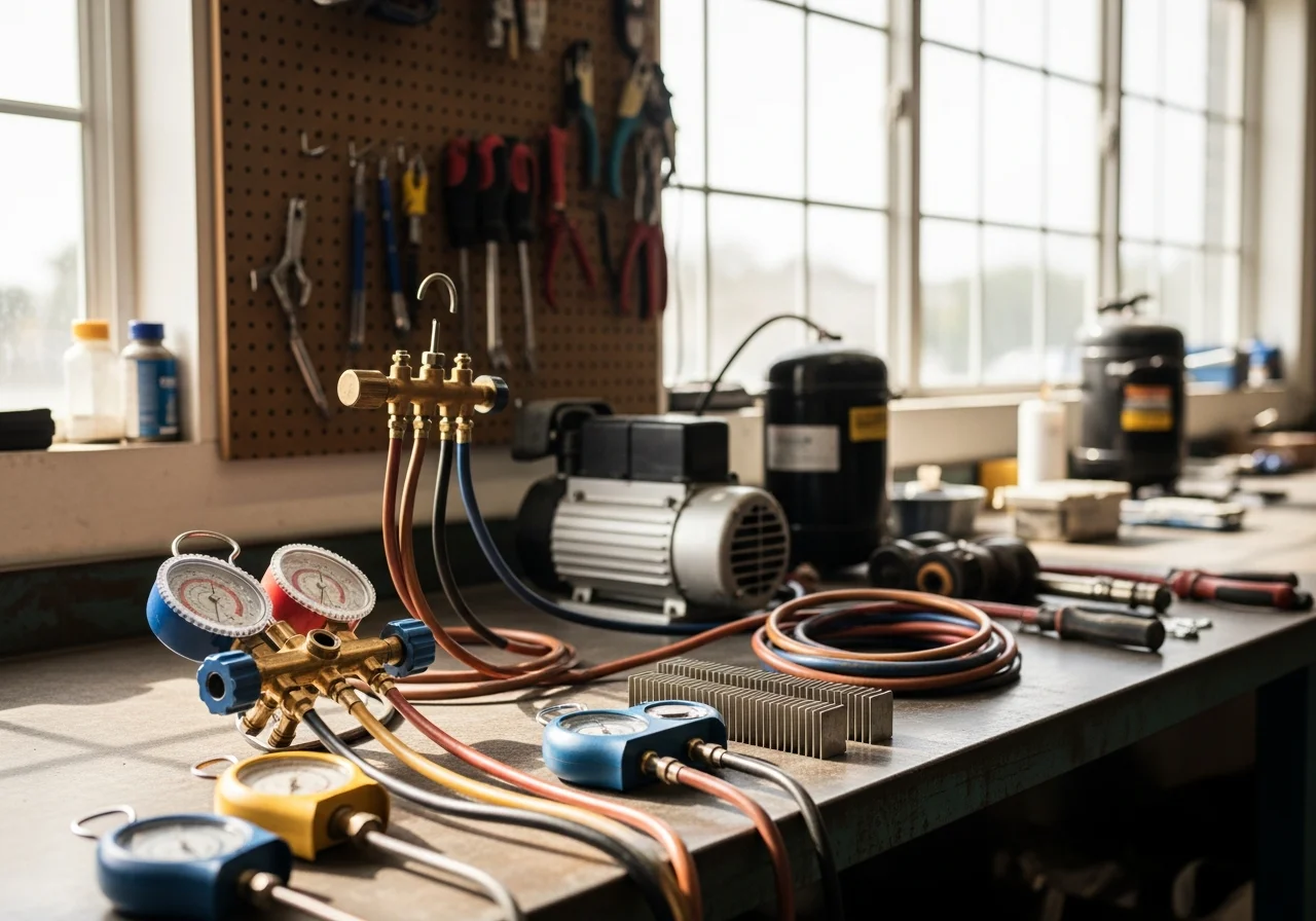 HVAC technician tools and equipment on a workbench, ready for service calls.