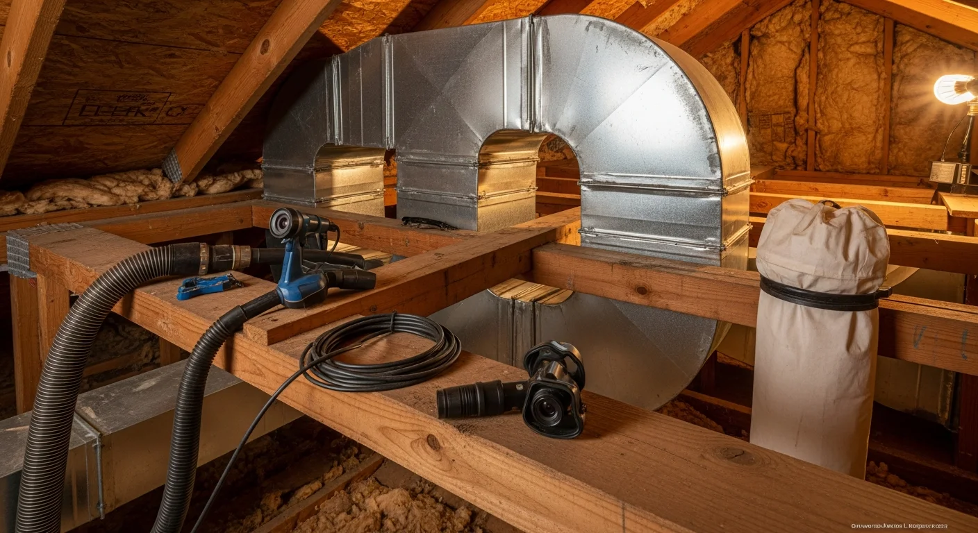 Technician cleaning residential air duct system with professional equipment