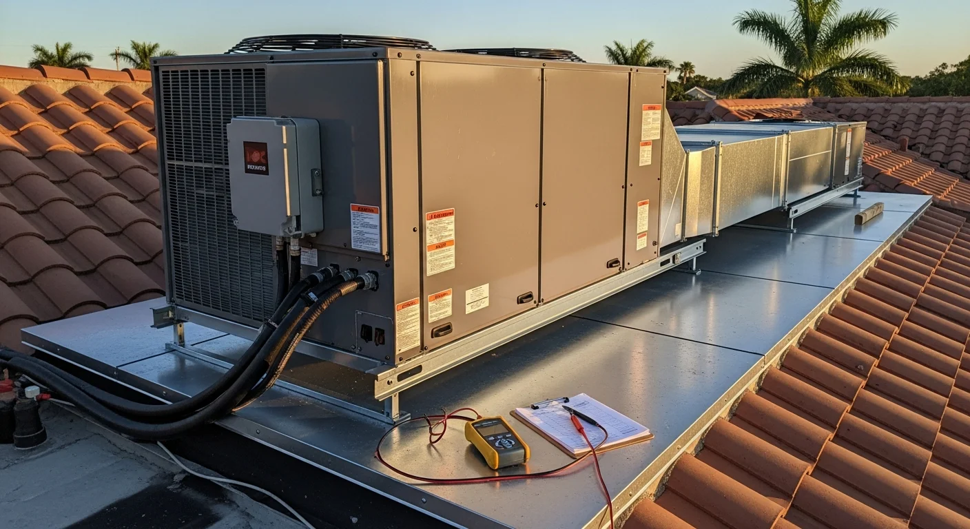 HVAC technician performing air conditioning repair on residential unit