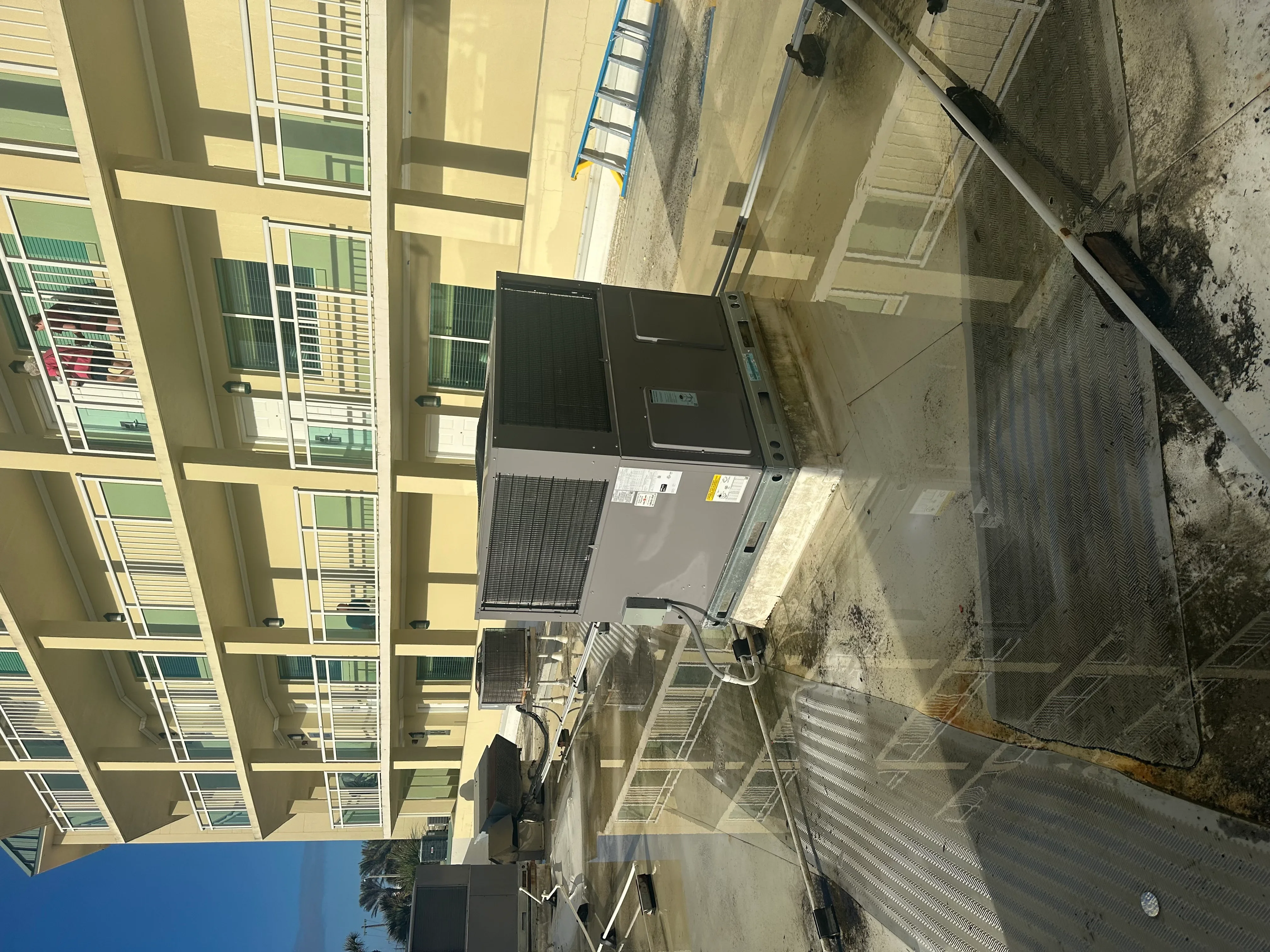 Commercial rooftop HVAC unit installation on multi-story building in San Mateo