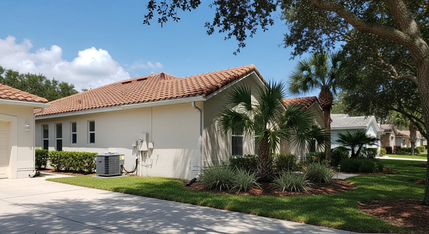Coastal Palm Coast home with mature landscaping and clear blue sky, typical of Flagler County residential properties.