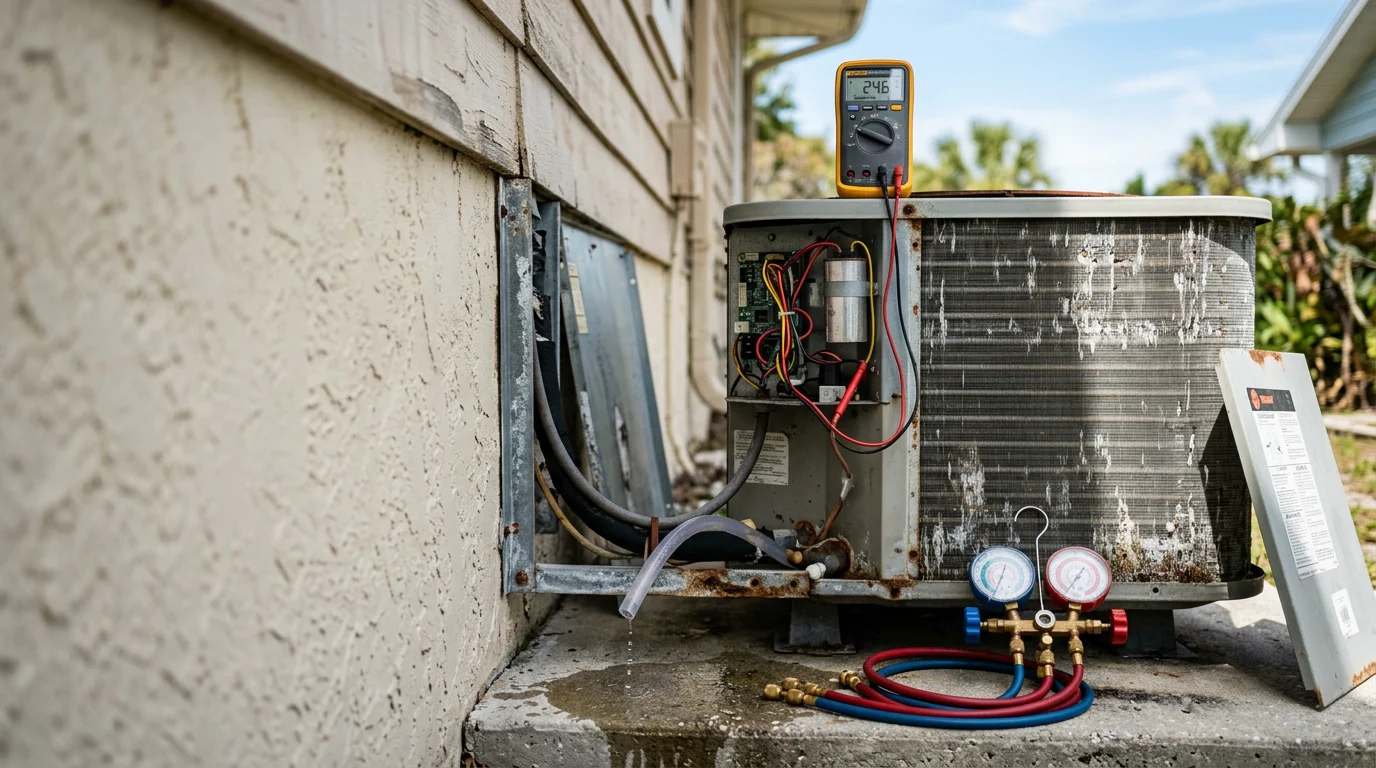 A Seabreeze Heating & Air technician inspecting an outdoor AC condenser unit at a residential home in Daytona Beach, Florida. The coastal setting shows a single-family home with visible salt air wear on the unit's exterior panels.
