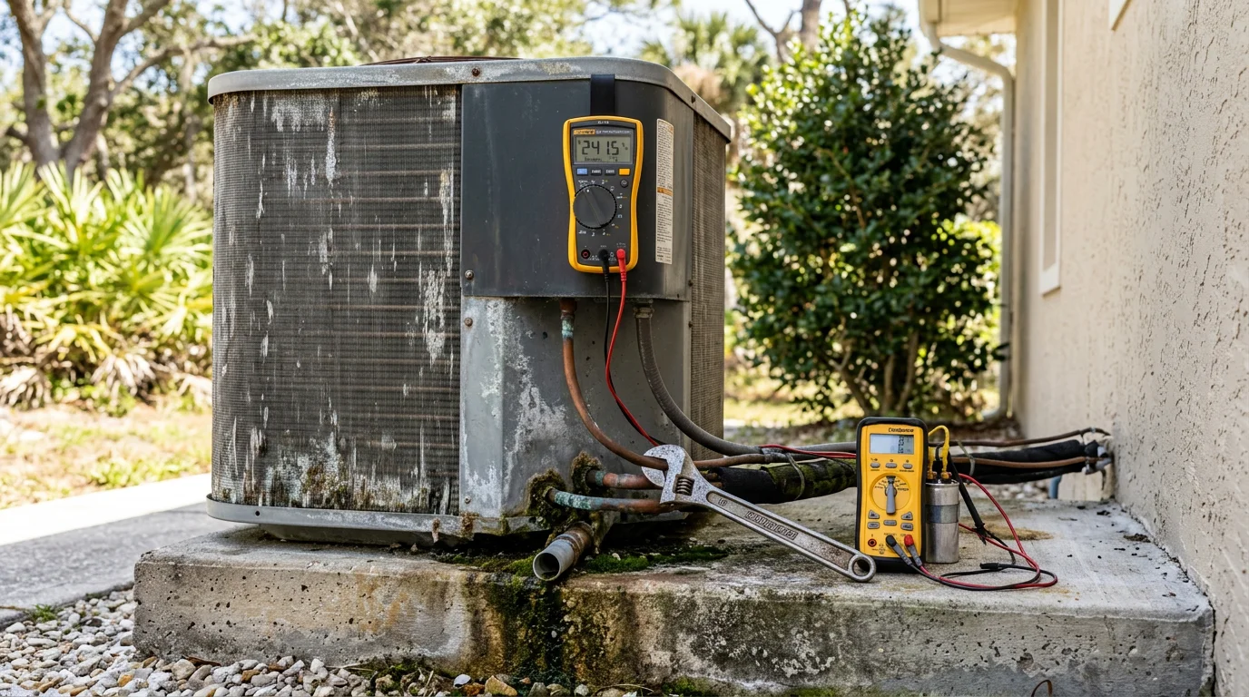 A Seabreeze Heating & Air technician inspecting an outdoor AC condenser unit at a Palm Coast home with Florida canal-front landscaping visible in the background. The technician checks the condenser coil for salt air corrosion during an AC repair service call in Flagler County.