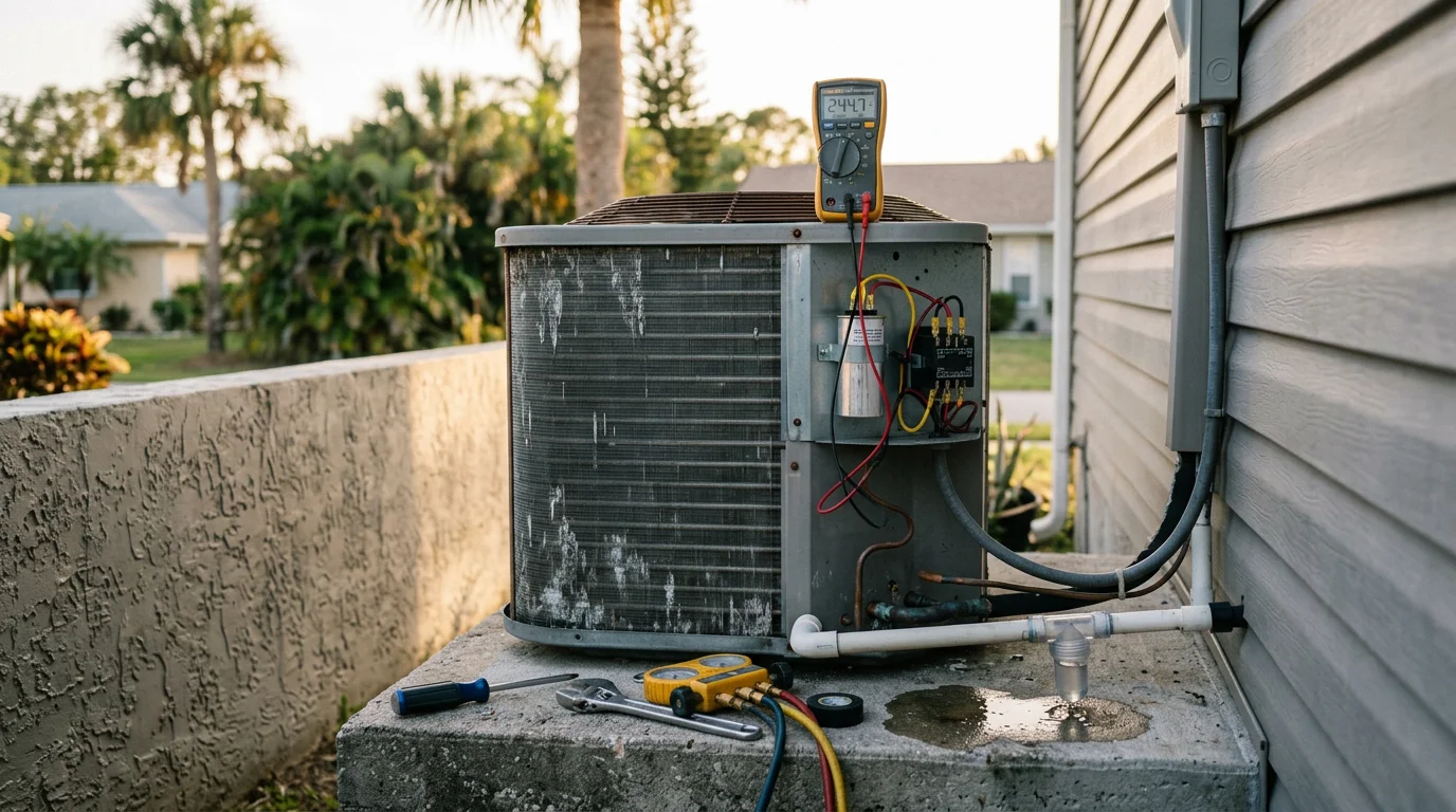 A Seabreeze Heating & Air technician inspecting an outdoor AC condenser unit at a Palm Coast home. The unit sits on a concrete pad beside a residential property in a coastal Florida neighborhood.
