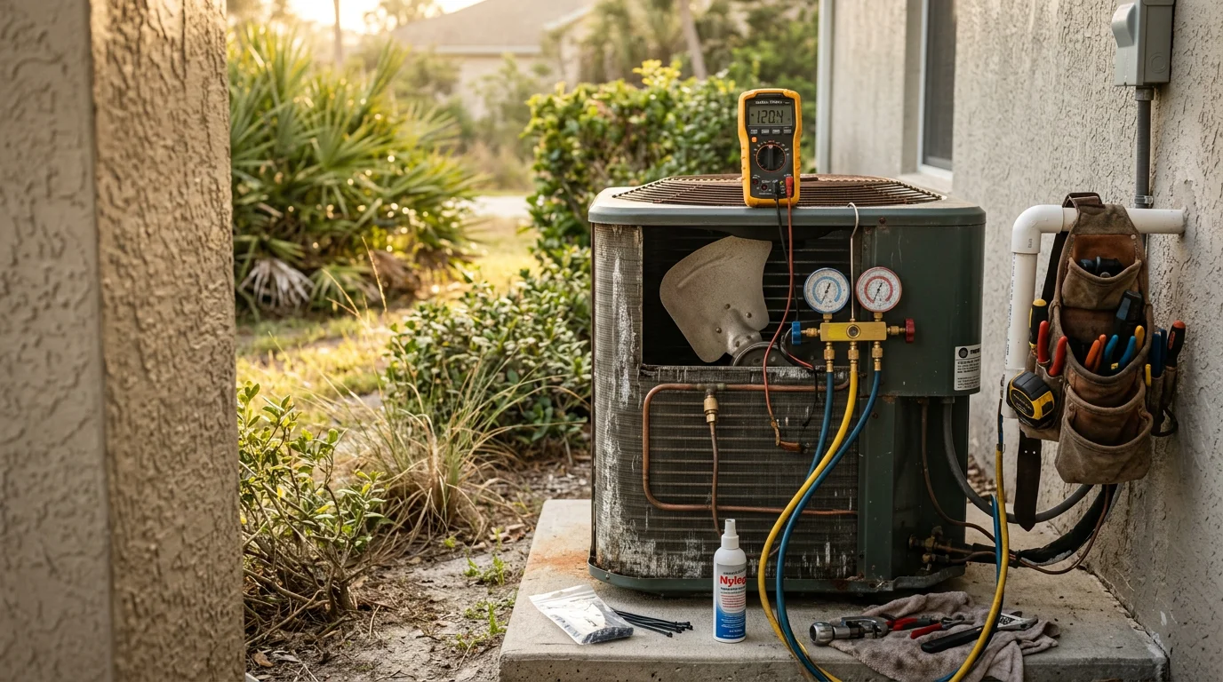 A Seabreeze Heating & Air technician inspecting an outdoor AC condenser unit at a single-family home in Palm Coast, Florida. The canal-lined neighborhood and Florida vegetation are visible in the background.