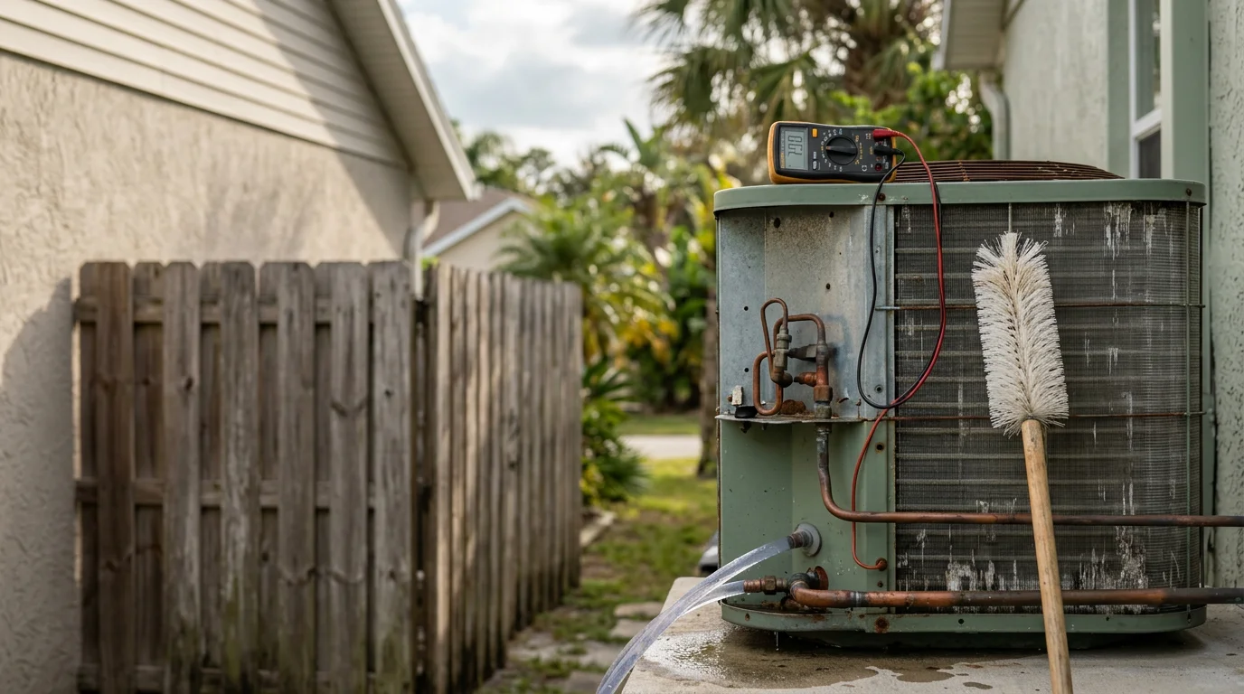 A Seabreeze Heating & Air technician inspecting and cleaning the condenser coil on a residential outdoor A/C unit in Palm Coast, Florida. The unit sits alongside a single-family home in a coastal Florida neighborhood on a clear, sunny day.