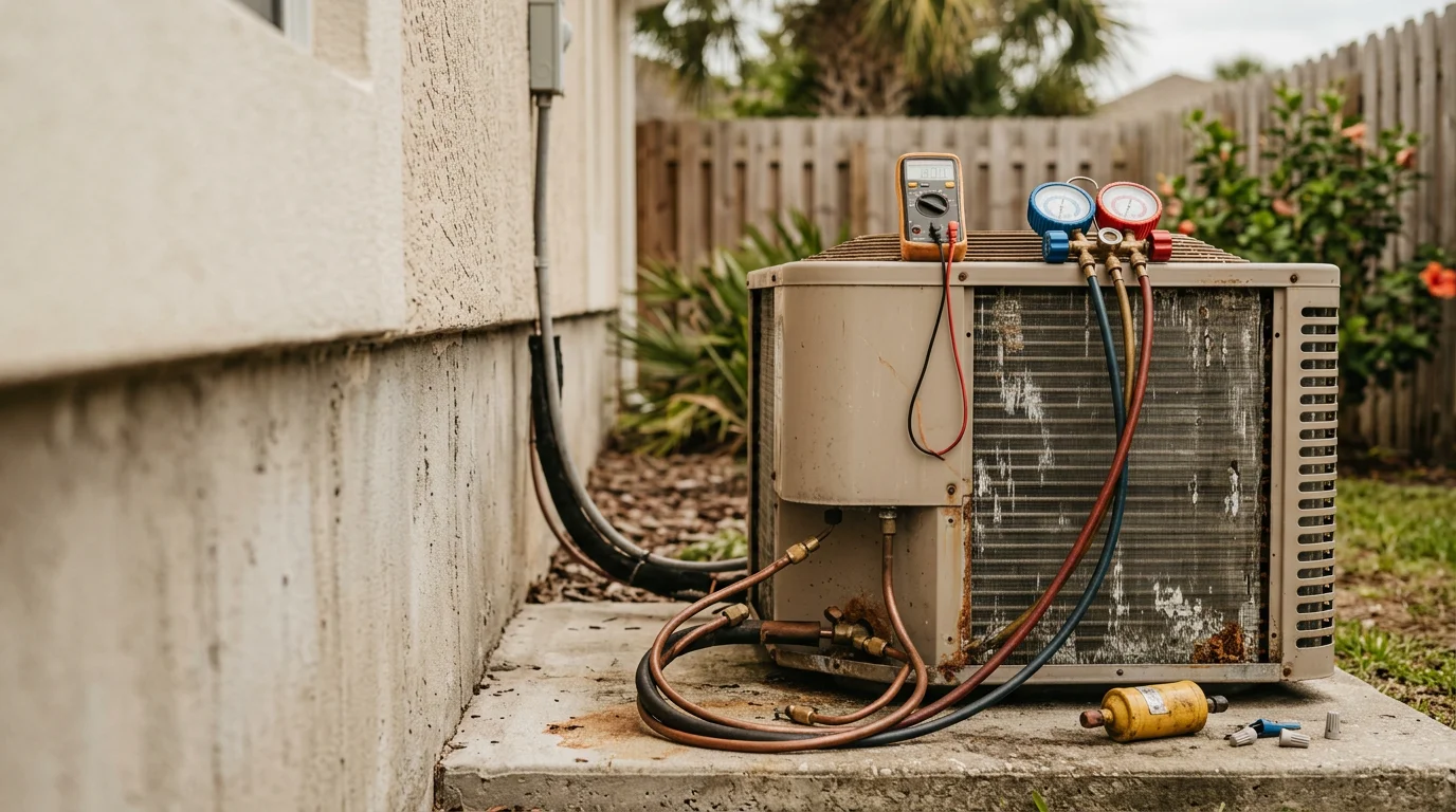 A Seabreeze Heating & Air technician inspecting an outdoor A/C condenser unit at a residential home in Palm Coast, Florida. The unit shows signs of coastal wear, with the technician checking electrical components on a clear Florida summer day.