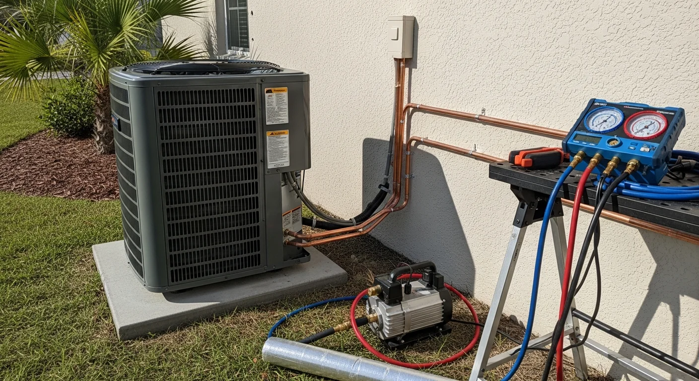 A newly installed residential air conditioning condenser unit positioned outside a single-family home in Palm Coast, Florida, with a screened lanai visible in the background. An HVAC technician from Seabreeze Heating & Air checks the outdoor unit connections in a shaded side-yard location.