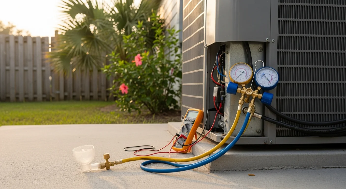 A Seabreeze Heating & Air technician inspecting an outdoor AC condenser unit at a single-family home in Palm Coast, Florida, with a canal visible in the background. The technician is checking electrical components and coil condition during a residential air conditioning repair visit.