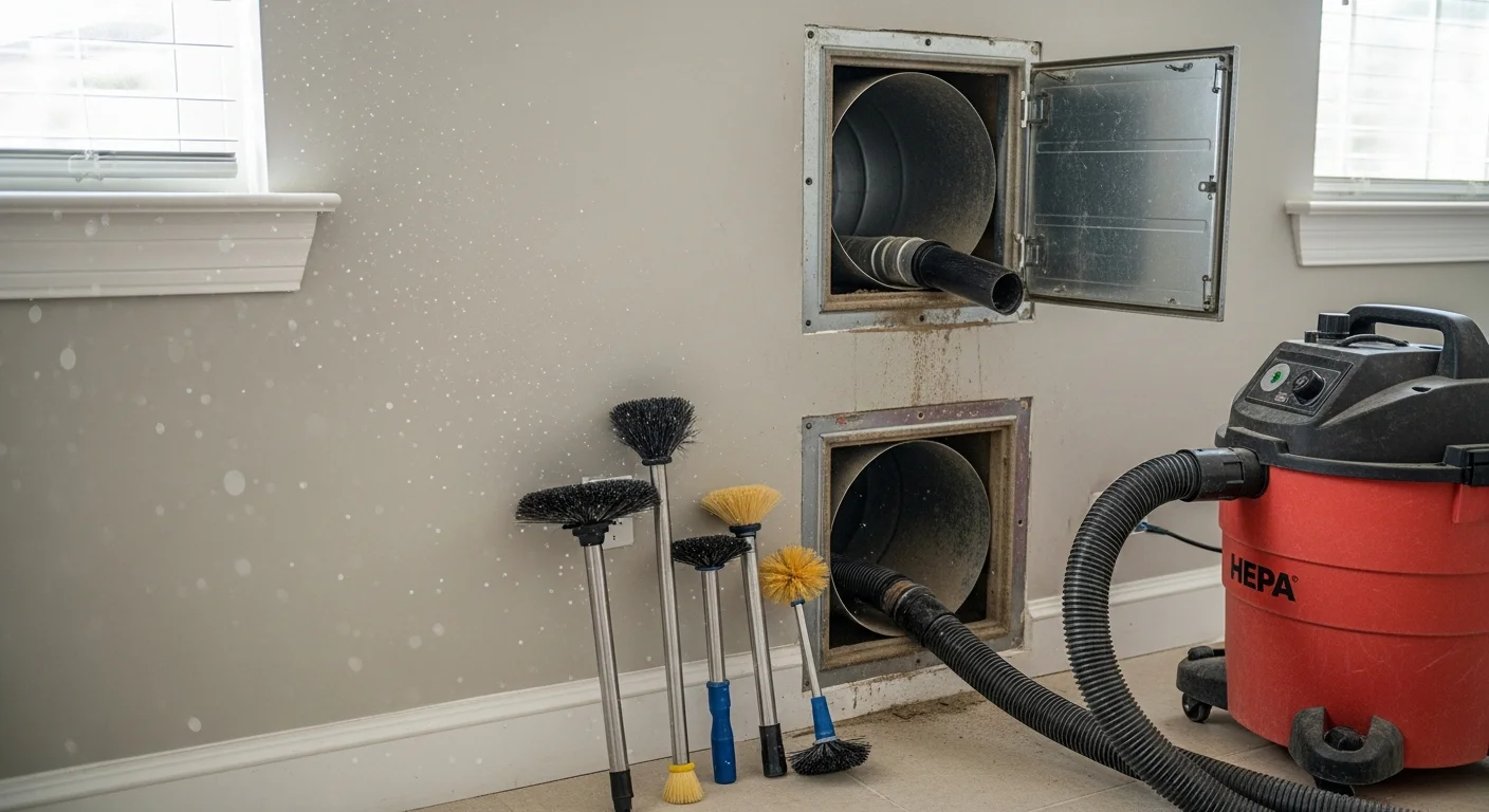 A Seabreeze Heating & Air technician using professional vacuum equipment to clean residential air ducts in a Palm Coast, FL home. The image shows the interior of a supply duct before and after debris removal, with clean duct walls visible on the right side.