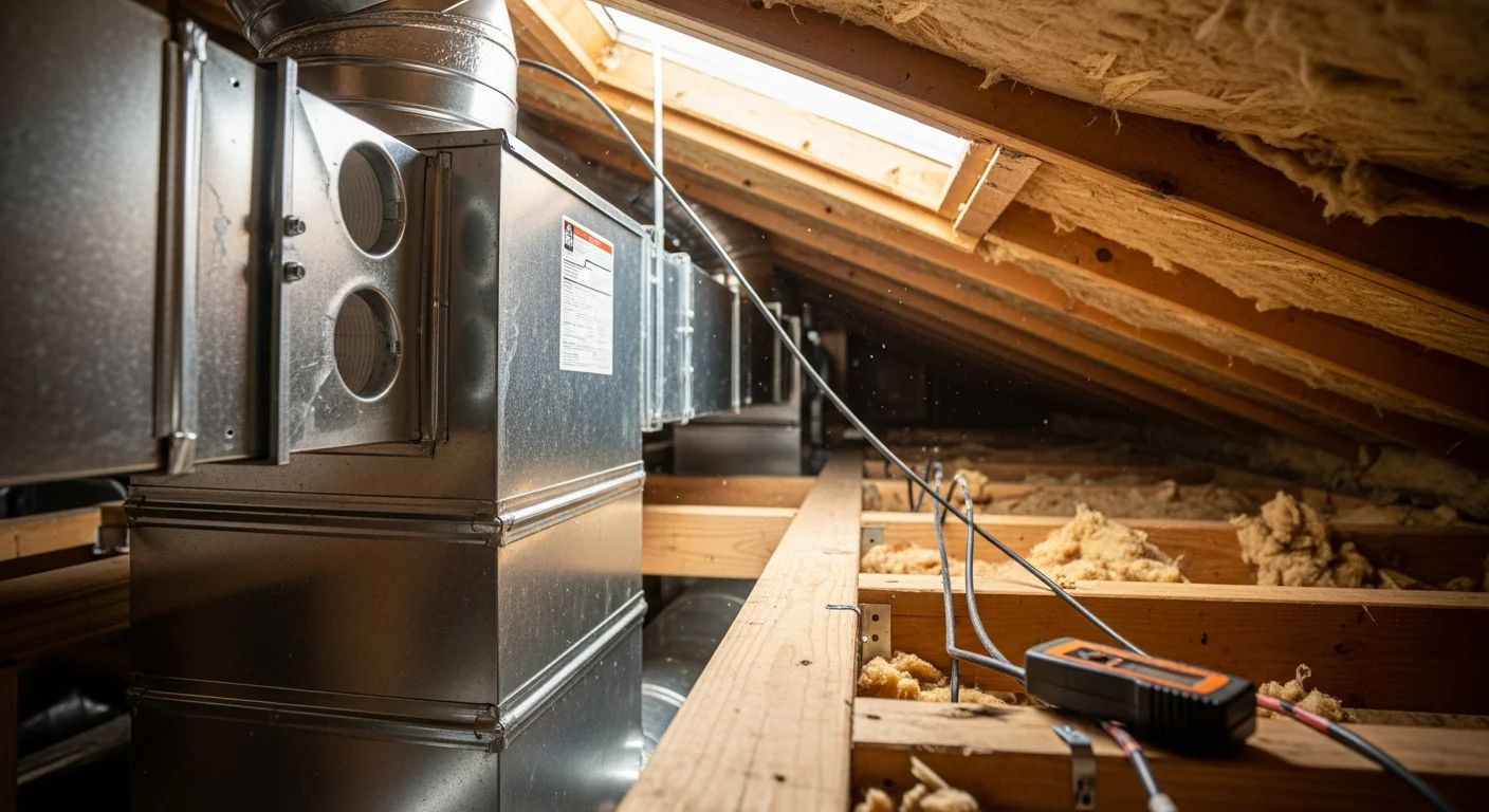 A Seabreeze Heating & Air technician installing a whole-home air filtration unit inside the ductwork of a Palm Coast residential HVAC system. The image shows the air handler cabinet open with the new filtration media positioned at the return plenum in a Florida home.