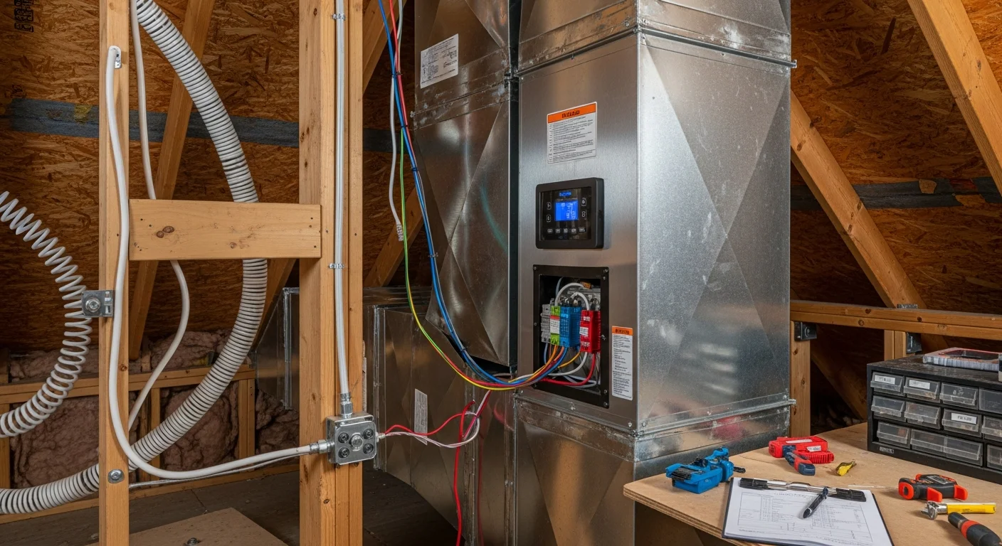 A certified HVAC technician from Seabreeze Heating & Air installing a whole-home air purification unit into the ductwork of a Palm Coast residential home. The technician is sealing the plenum connection next to an indoor air handler in a Florida home utility closet.