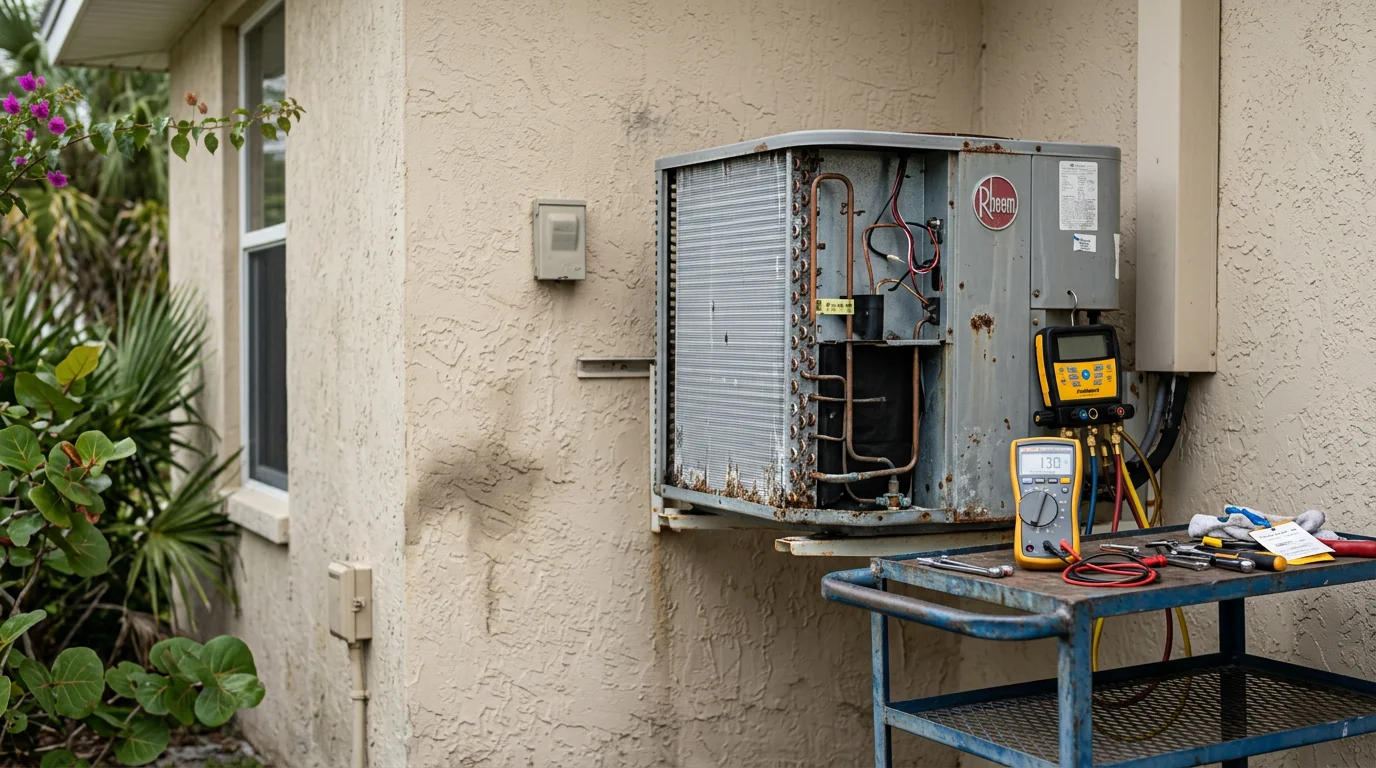 A Seabreeze Heating and Air technician inspecting an outdoor AC condenser unit at a Palm Coast, Florida home on a sunny day. The coastal neighborhood and residential yard are visible in the background.