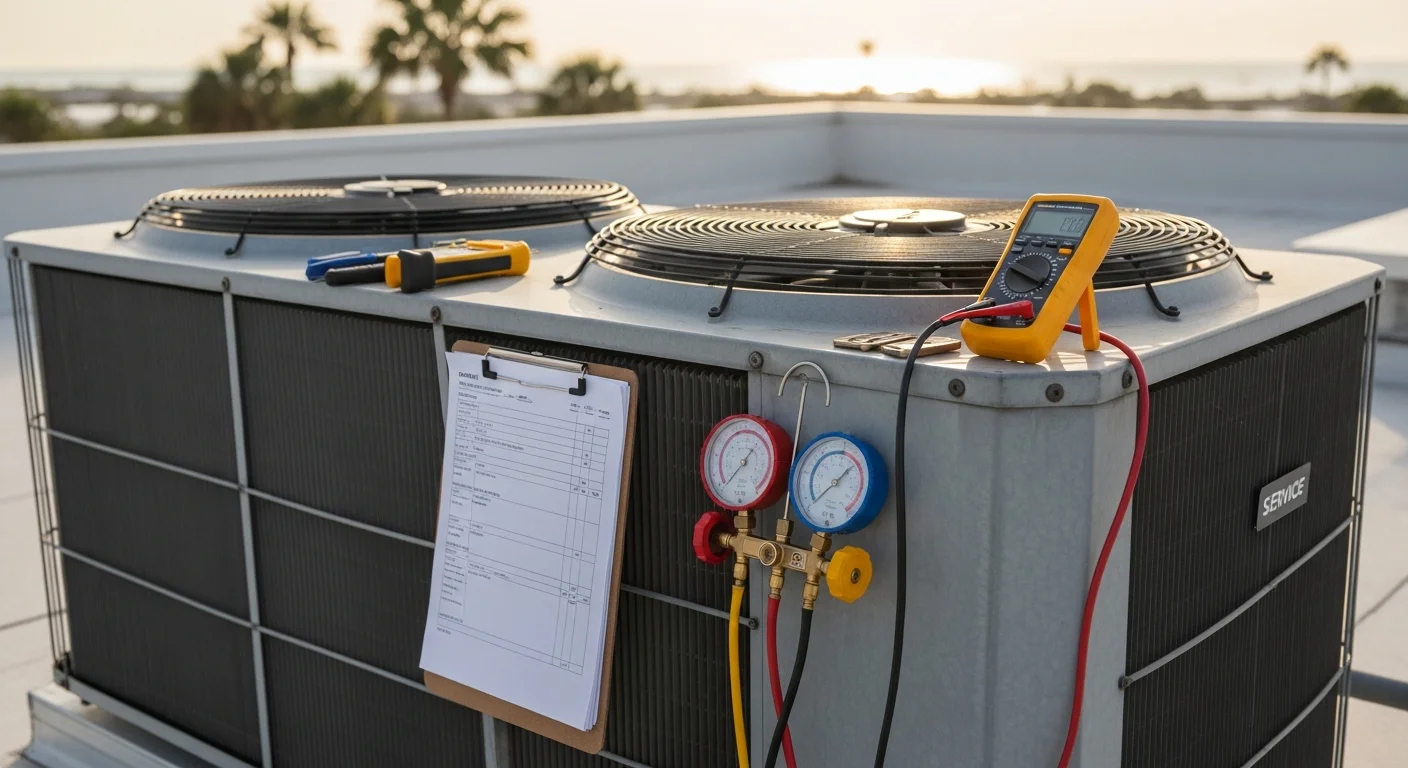 A commercial HVAC technician from Seabreeze Heating & Air inspecting a rooftop unit on a commercial building in Palm Coast, FL. The outdoor condenser and ductwork connections are visible against a clear Florida sky.