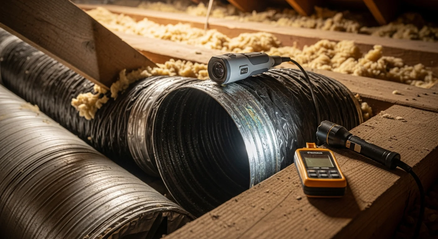 A Seabreeze Heating & Air technician using a camera tool to inspect ductwork inside a Palm Coast home. The image shows the interior of a residential duct system being examined for leaks and moisture damage.