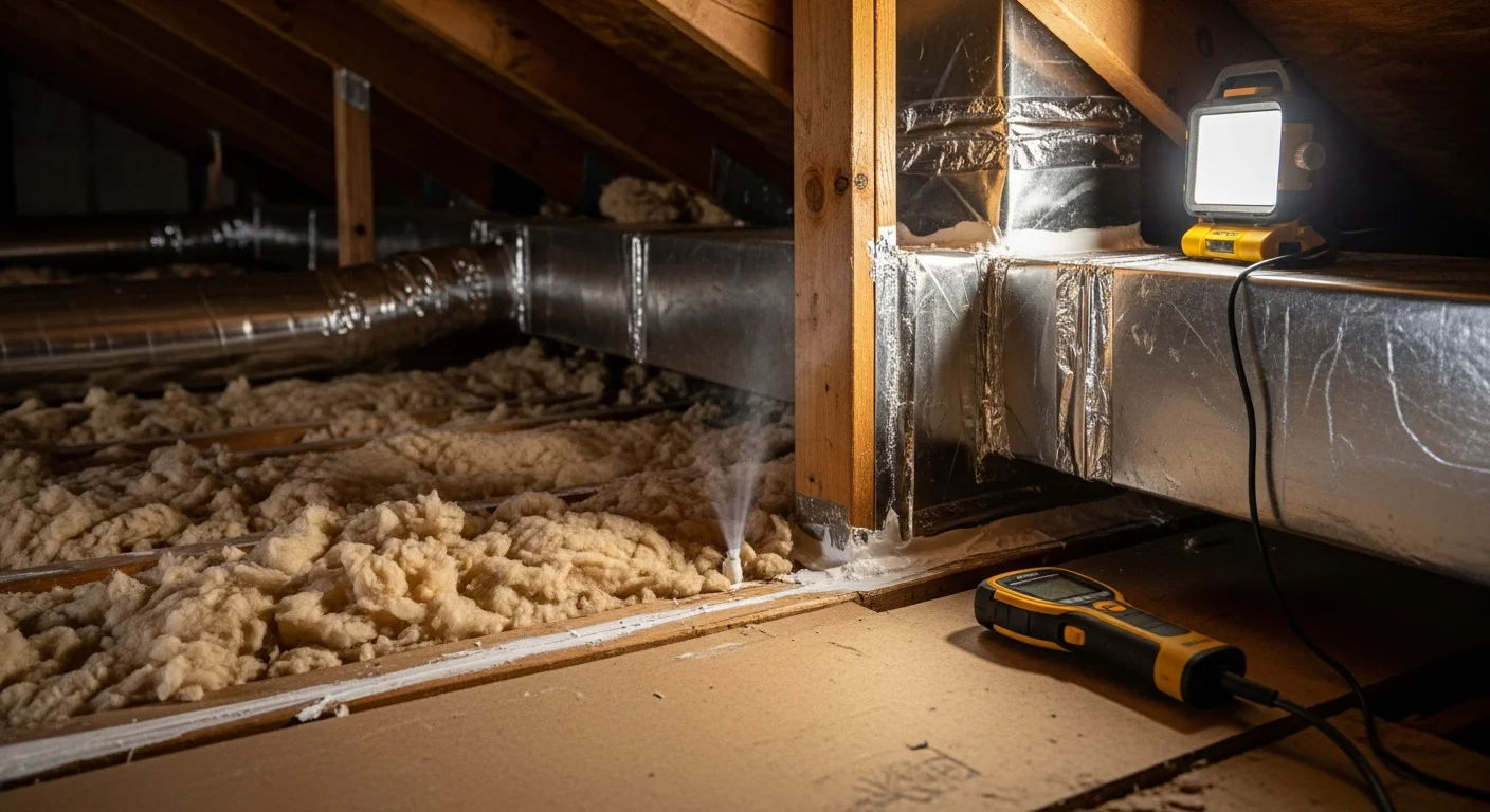 A Seabreeze Heating & Air technician inspecting and sealing duct connections in the attic of a Palm Coast, Florida home. Visible ductwork runs along the attic floor with sealant being applied to a supply duct joint.