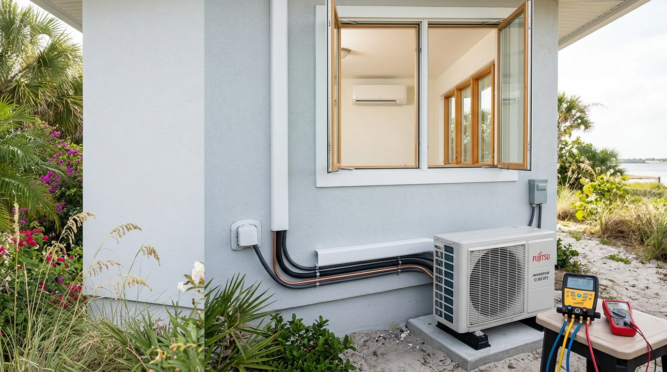 A ductless mini-split indoor air handler mounted on the wall of a Florida sunroom addition, with a compact outdoor condenser unit positioned on the side of a Palm Coast home.