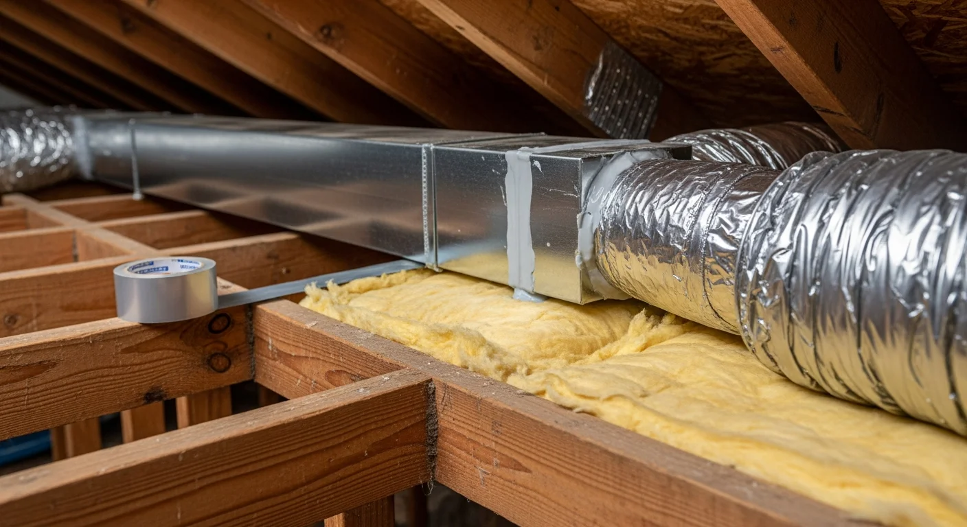 A Seabreeze Heating & Air technician sealing a leaking duct joint in the attic of a Palm Coast, Florida home. Flexible ductwork and attic insulation are visible in the background.