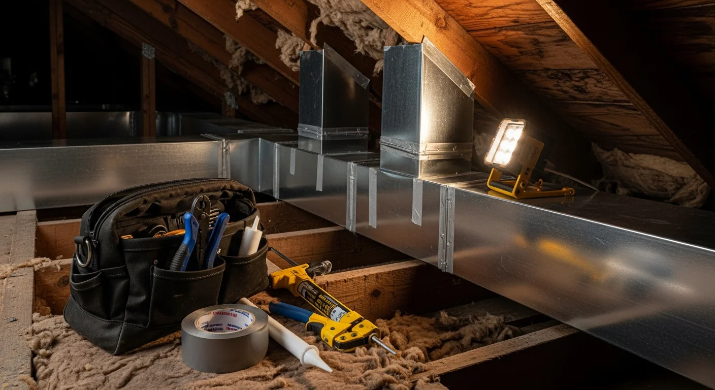 A Palm Coast home attic showing newly installed flexible ductwork runs connected to a central air handler, with clean insulated sections replacing deteriorated duct material. The replacement ductwork is properly sealed at all joints to prevent air loss in a high-humidity coastal environment.