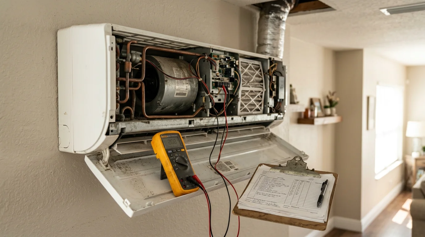 A Seabreeze Heating & Air technician inspecting an outdoor HVAC condenser unit at a residential home in Palm Coast, Florida. The technician reviews the system components in a coastal Florida yard setting.