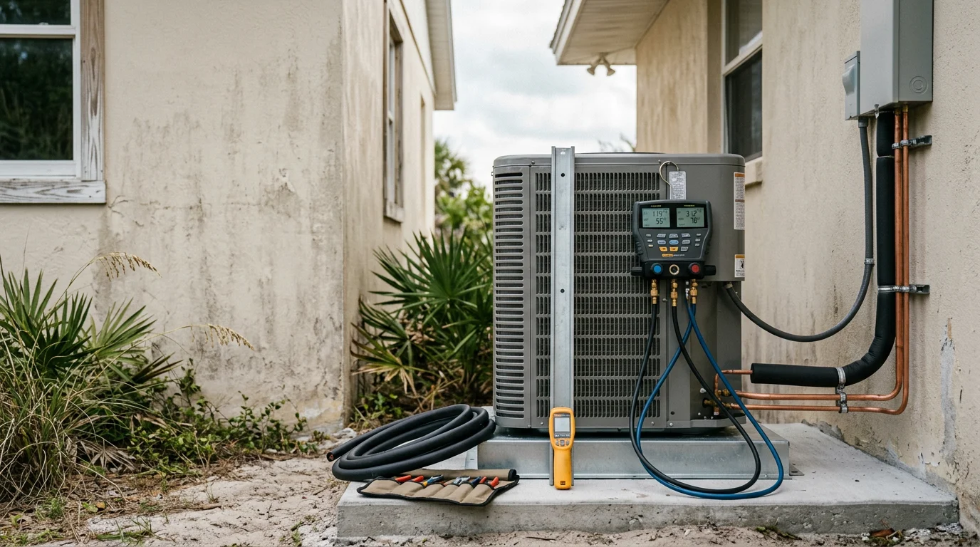 A Seabreeze Heating & Air technician completing a heat pump installation at a residential home in Palm Coast, Florida. The outdoor condenser unit is positioned on a pad beside the home with a clear view of the surrounding neighborhood.
