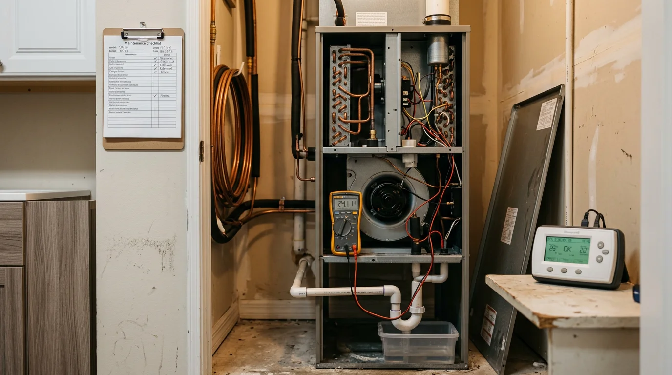 An HVAC technician inspecting a residential heat pump unit outside a Palm Coast, Florida home surrounded by Florida vegetation. The technician checks internal components during a heating system maintenance visit.