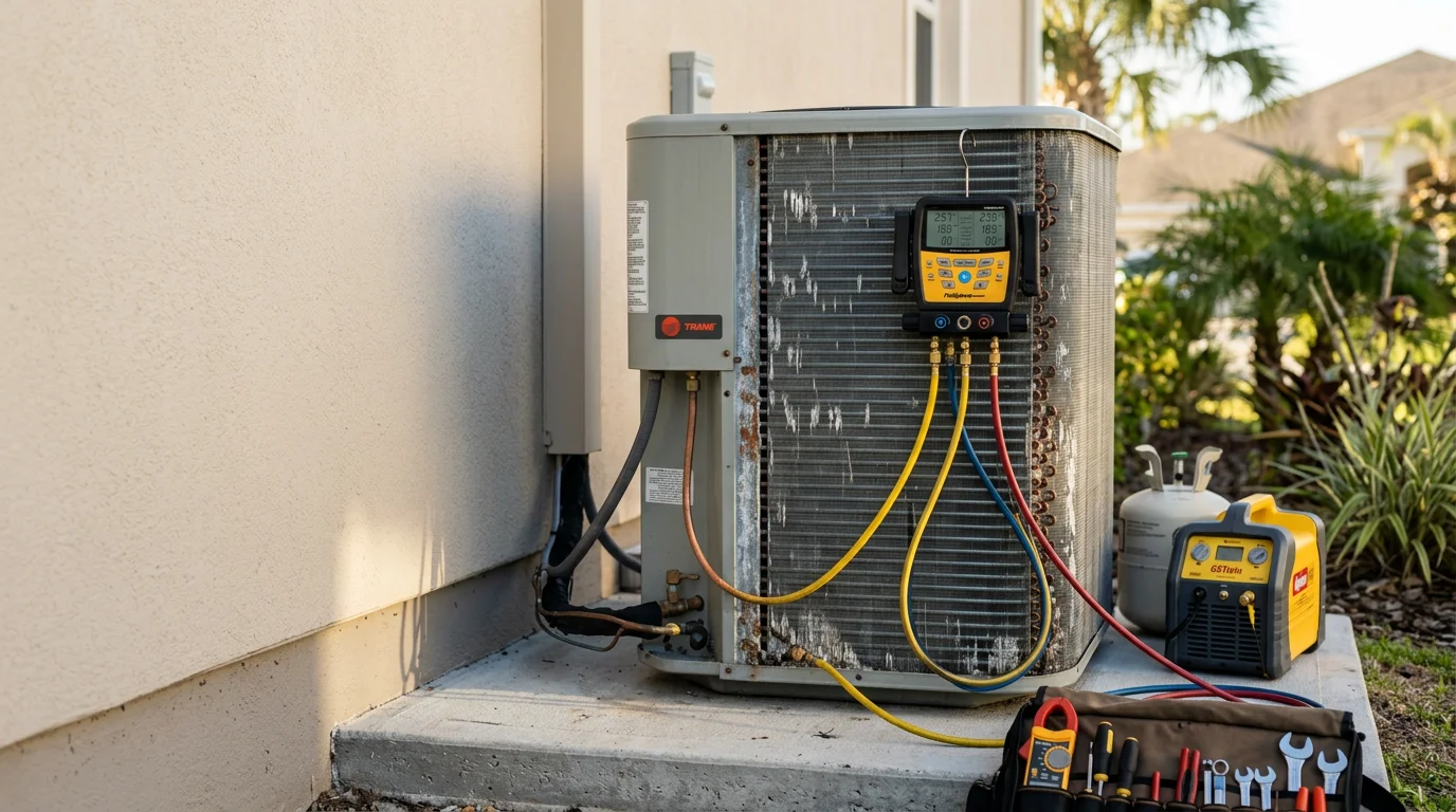 A Seabreeze Heating & Air technician inspecting an outdoor heat pump unit at a residential home in Palm Coast, Florida. The technician checks components on a clear winter day in a Flagler County neighborhood.