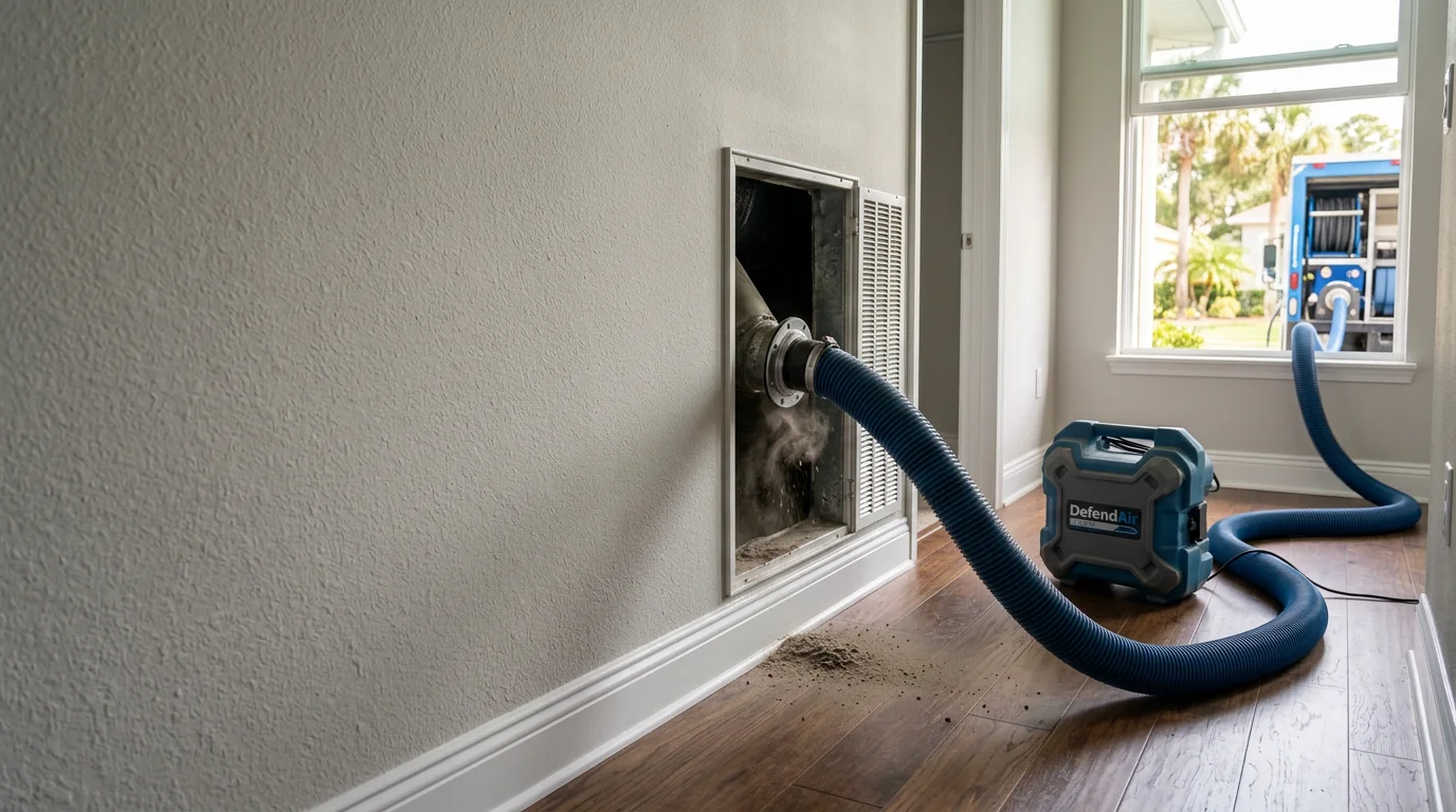 A Seabreeze Heating & Air technician cleaning interior HVAC ductwork inside a Palm Coast, Florida home. Supply duct opening shown with visible dust and debris removal in progress.