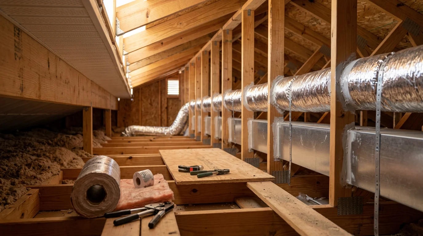 A Seabreeze Heating & Air technician installing insulated HVAC supply ducts in a Palm Coast home attic. New duct runs are routed and sealed across the attic floor with visible insulation wrap.