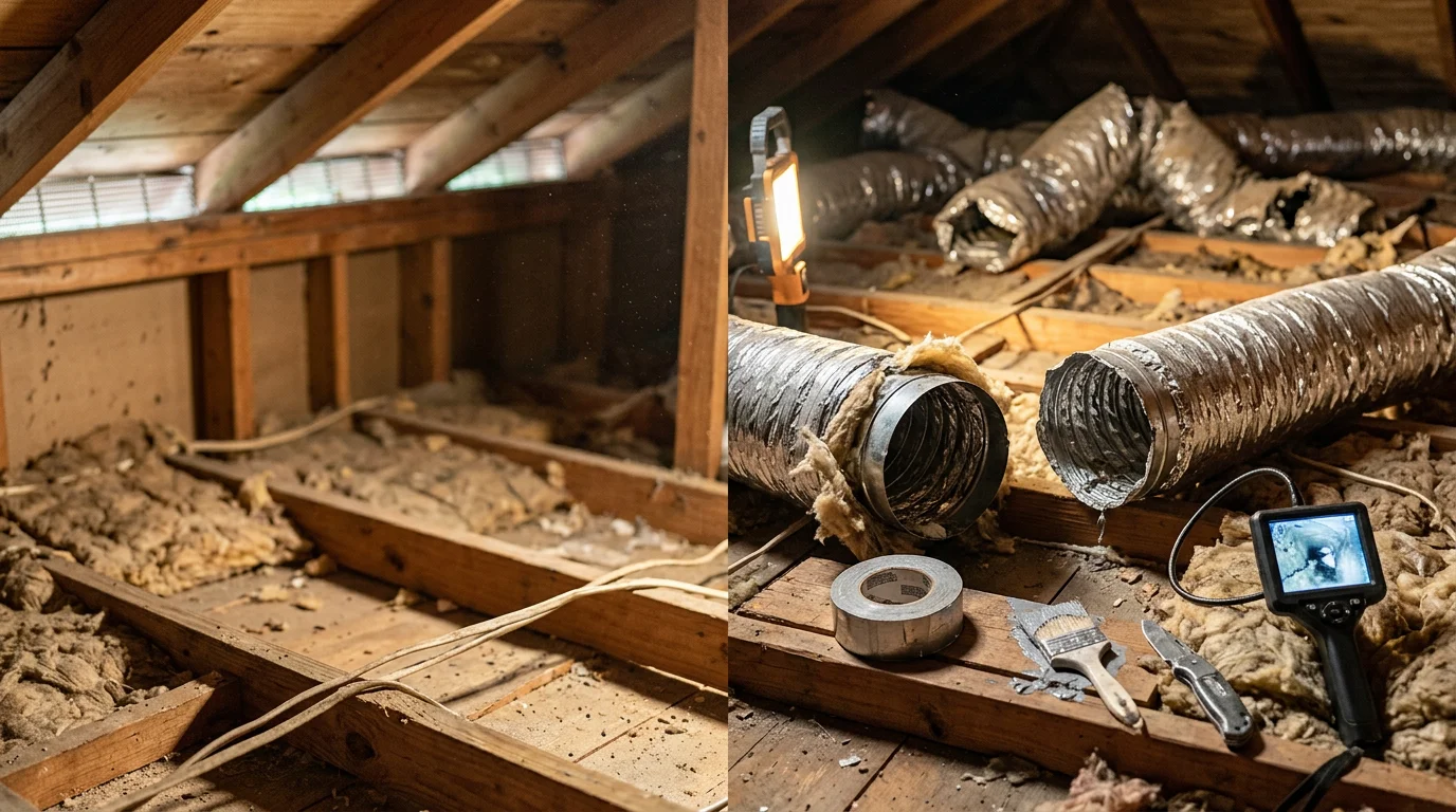 HVAC technician inspecting a disconnected flexible duct run in the attic of a Palm Coast, Florida home. Visible duct separation and repair work in progress under a hot attic environment.