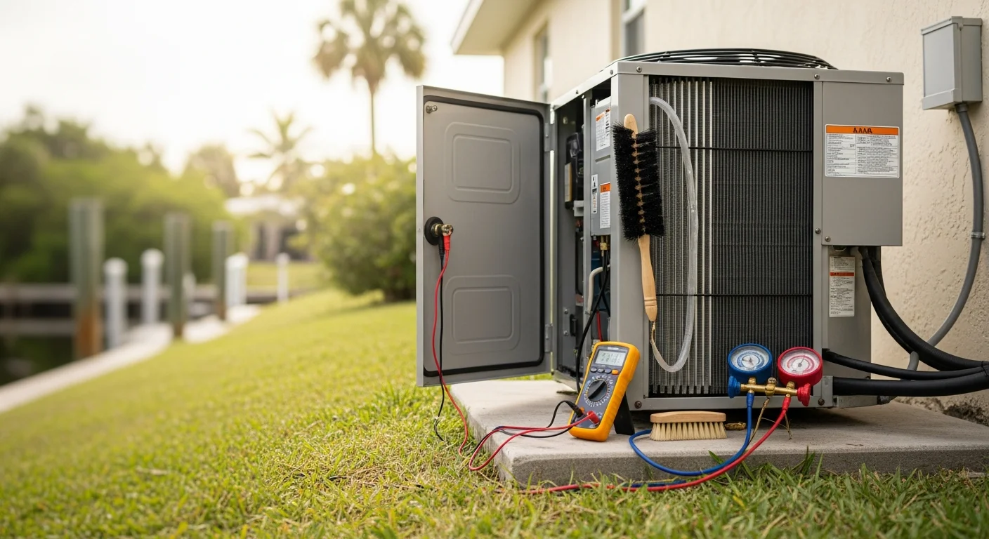 A Seabreeze Heating & Air technician inspecting and cleaning the outdoor condenser unit of a residential HVAC system in Palm Coast, Florida. The unit sits beside a single-family home with visible coastal vegetation, showing routine maintenance work in a humid Florida environment.