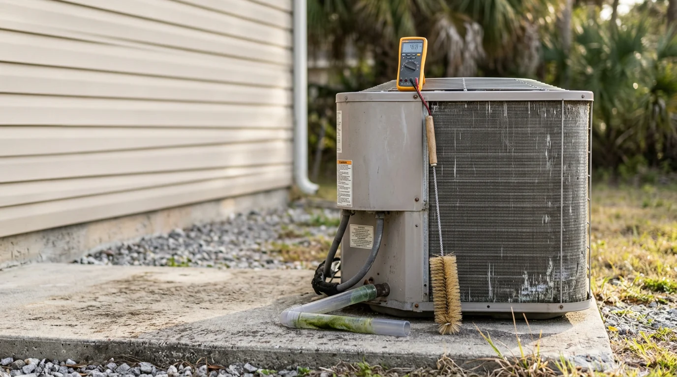 A Seabreeze Heating & Air technician inspecting an outdoor HVAC condenser unit at a Palm Coast residential home. The unit sits in a coastal Florida yard with visible salt-air weathering on the cabinet exterior.