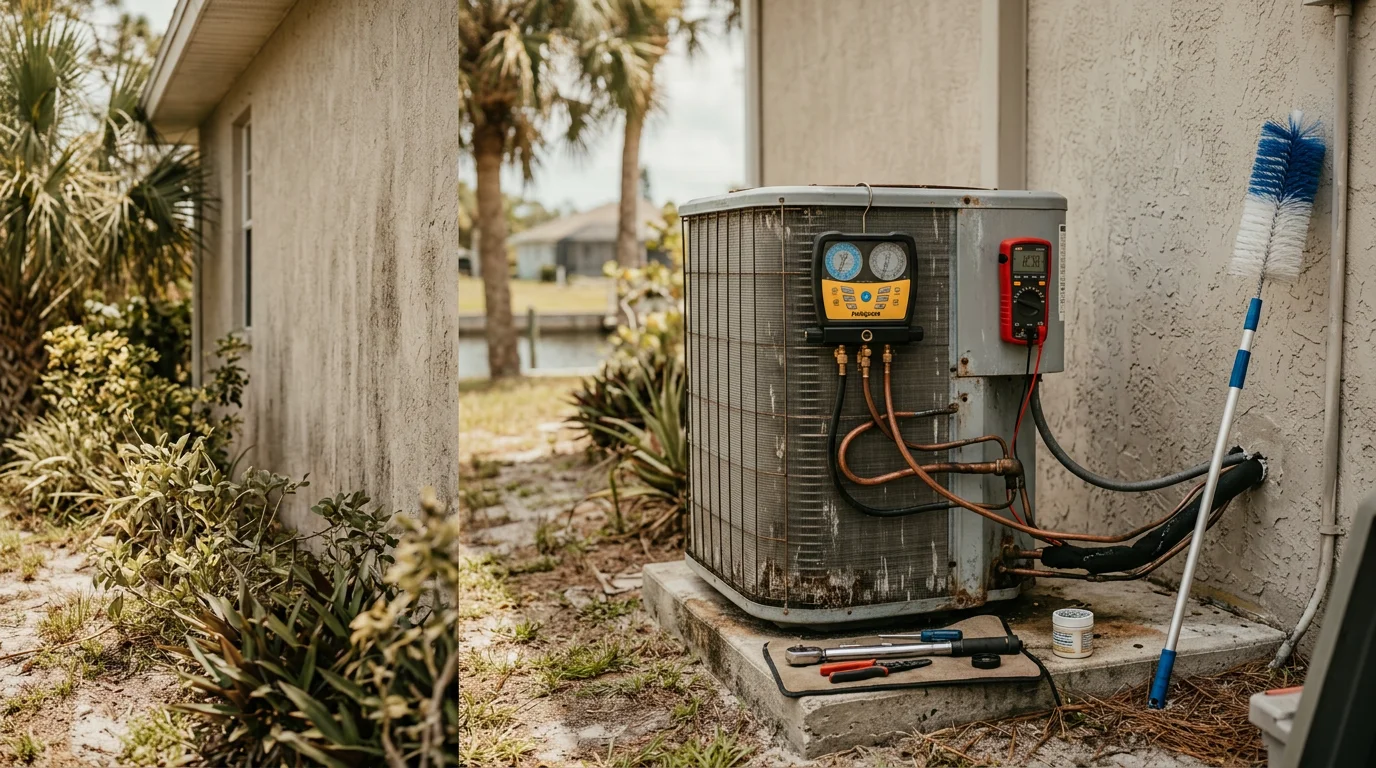 A Seabreeze Heating & Air technician inspecting an outdoor HVAC condenser unit at a Palm Coast, Florida home. The coastal residential setting shows a single-family home with visible salt-air weathering on the unit's exterior panels.