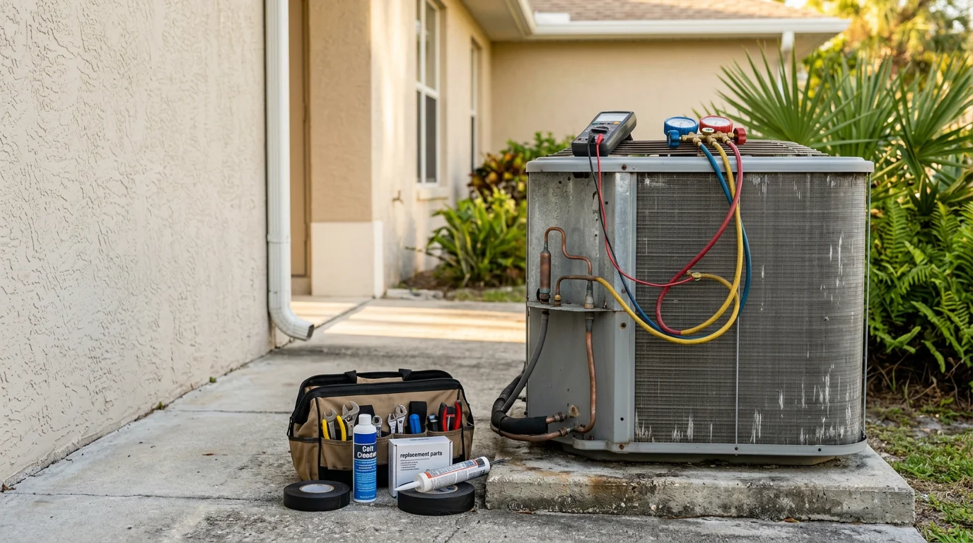 A Seabreeze Heating & Air technician inspecting an outdoor HVAC condenser unit at a residential home in Palm Coast, Florida. The unit sits beside a single-family home with Florida landscaping visible in the background.