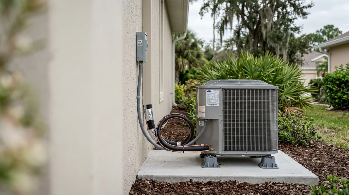 A new residential air conditioning condenser unit installed outside a single-family home in Palm Coast, Florida, positioned away from direct salt-air exposure near a canal-side neighborhood. An HVAC technician checks the system connections during the post-installation commissioning process.