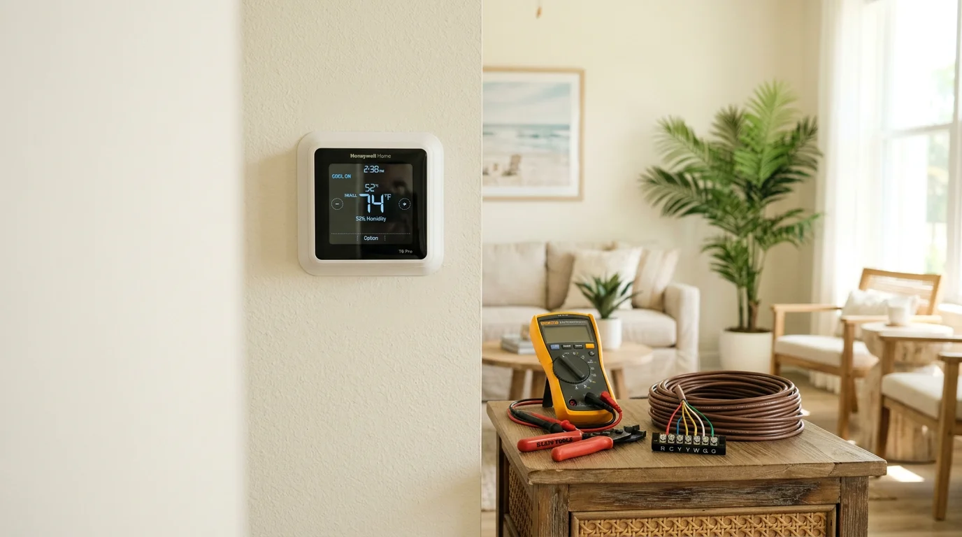 An HVAC technician installing a wall thermostat inside a Palm Coast, Florida home. The technician connects wiring to the new unit with the air handler visible in the background.