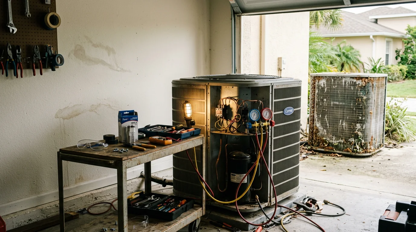 HVAC technician inspecting an outdoor condenser unit at a Palm Coast Florida home showing signs of salt air corrosion and component wear. Close-up view of condenser coil and electrical components during a major repair service call.