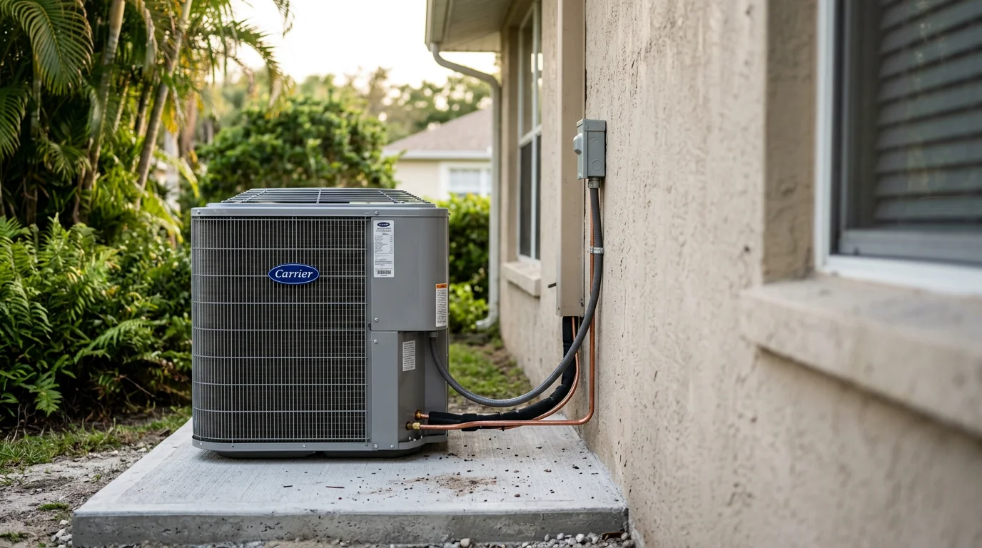 A newly installed residential HVAC outdoor condenser unit positioned beside a concrete block home in Palm Coast, Florida, with a clear blue sky and coastal vegetation visible in the background.