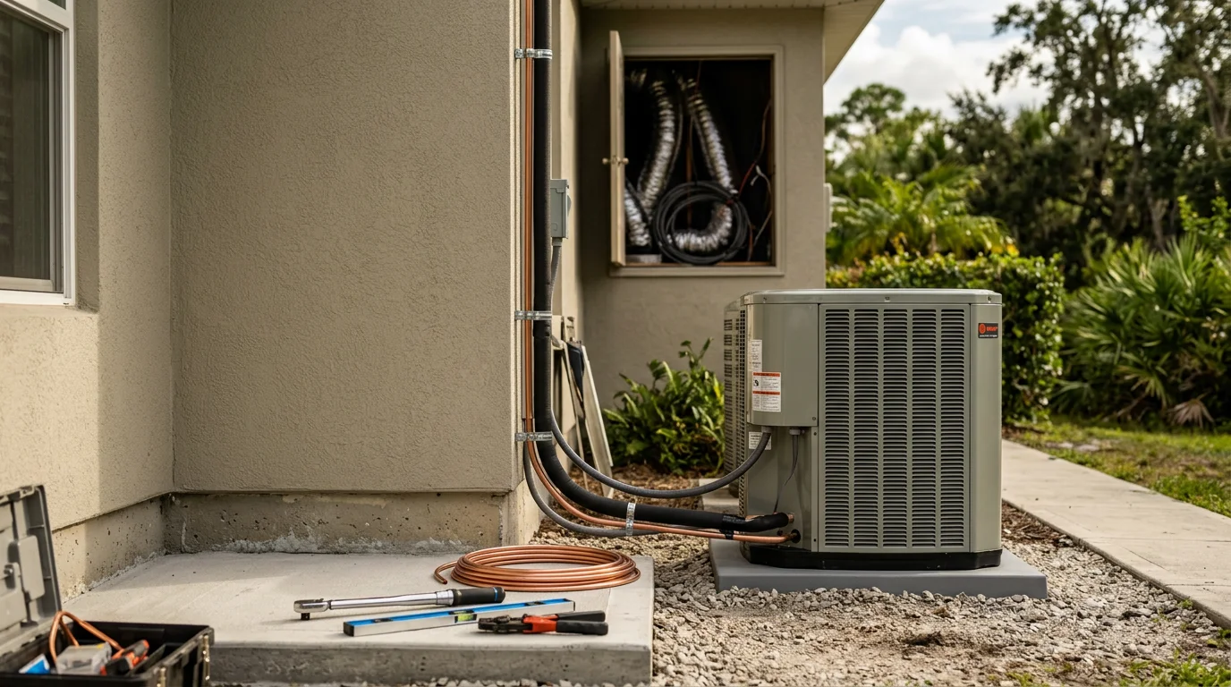 A completed residential HVAC installation on a Palm Coast home, showing a properly mounted outdoor condenser unit positioned away from coastal vegetation. The setup reflects equipment placement suited for Northeast Florida's humid, salt-air environment.