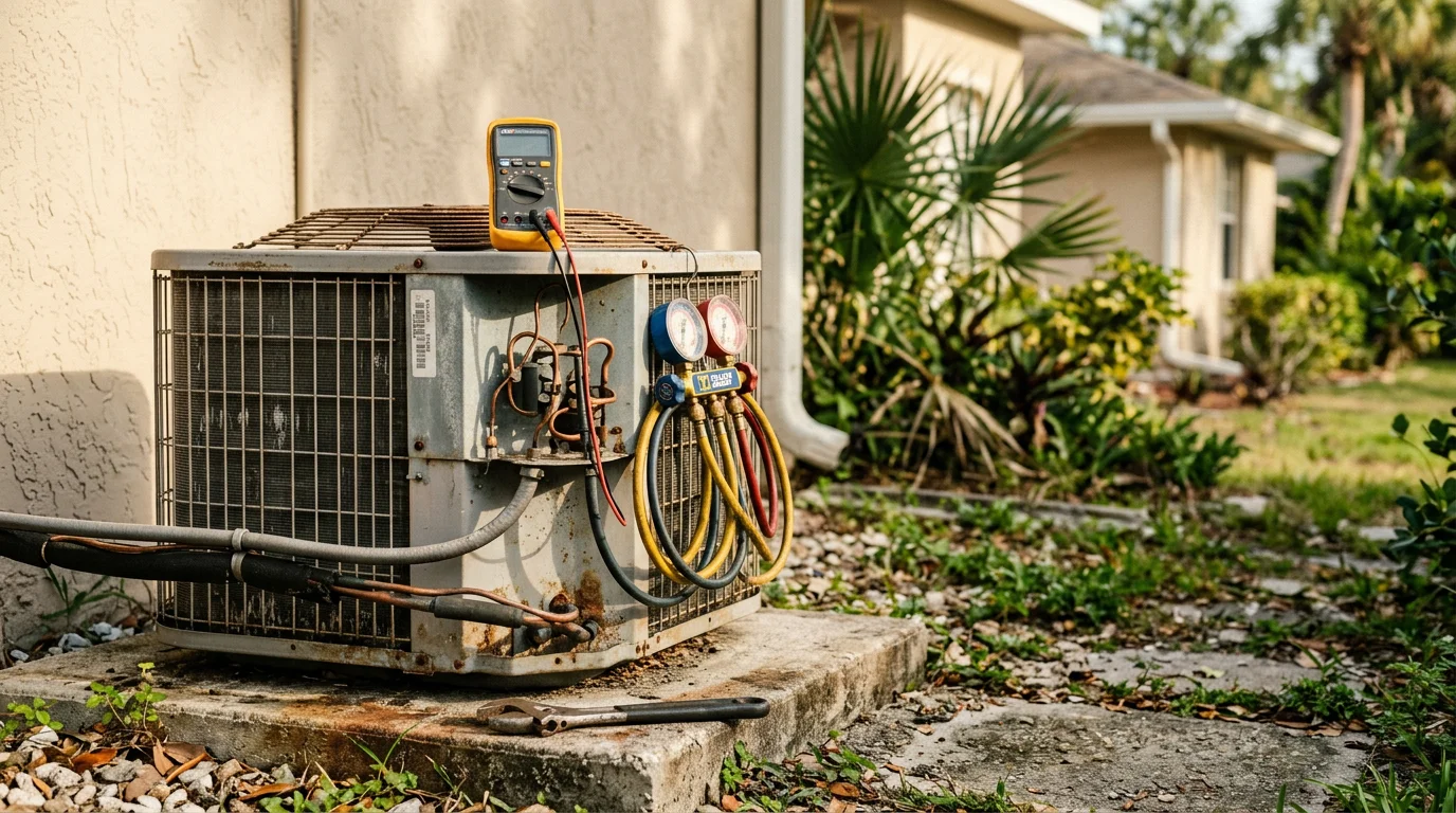 A Seabreeze Heating & Air technician inspecting an outdoor HVAC condenser unit at a residential home in Palm Coast, Florida. The unit shows signs of wear consistent with Florida's coastal humidity and extended cooling season.
