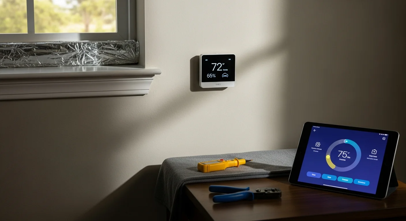 A smart thermostat mounted on an interior wall of a Palm Coast home, displaying temperature and humidity readings on its digital screen. A Seabreeze Heating & Air technician adjusts the device settings during a professional installation visit.
