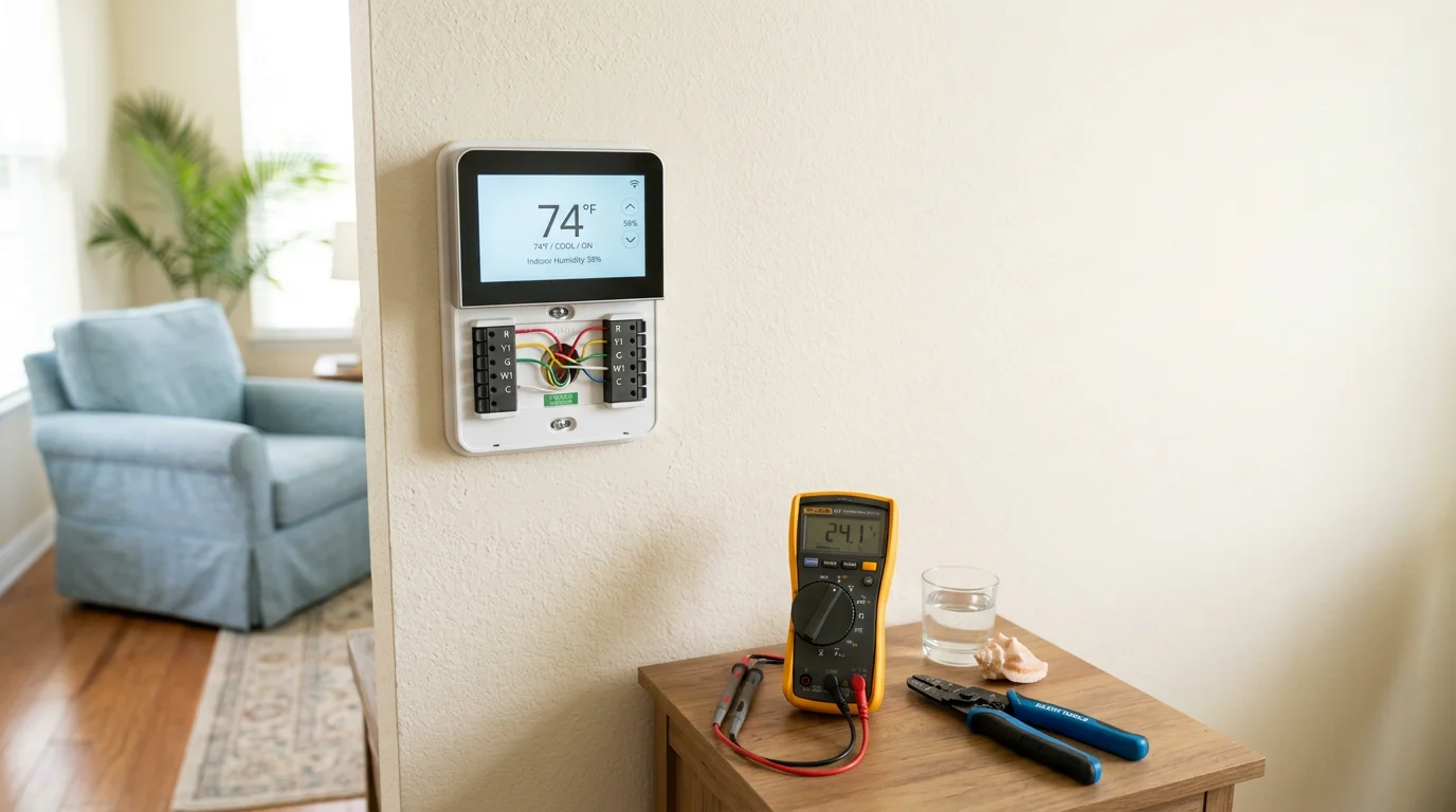 A technician from Seabreeze Heating & Air installing a wall thermostat inside a Palm Coast, Florida home. The image shows the technician connecting wiring to a new thermostat unit mounted on an interior wall.