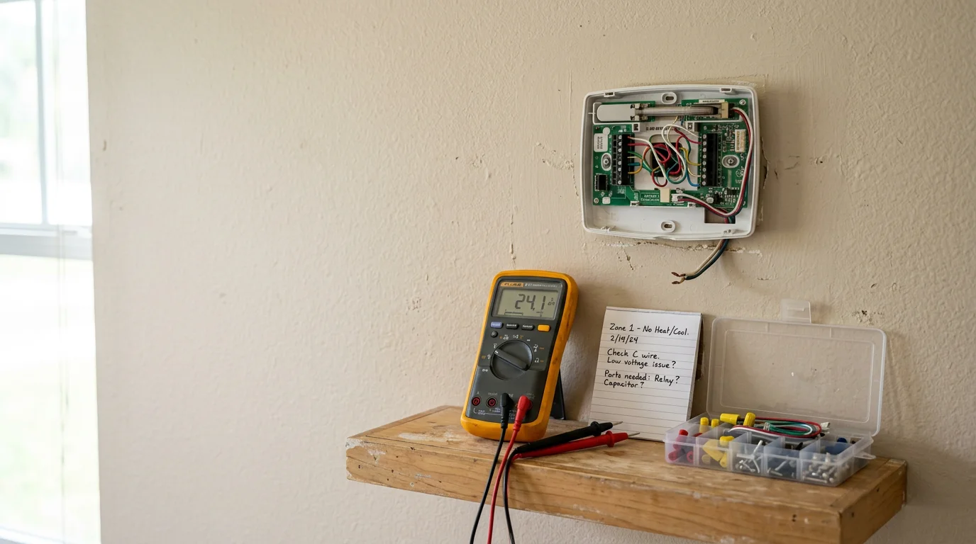 An HVAC technician inspecting a wall-mounted thermostat inside a Palm Coast, Florida home. The technician checks wiring connections as part of a thermostat repair service call.
