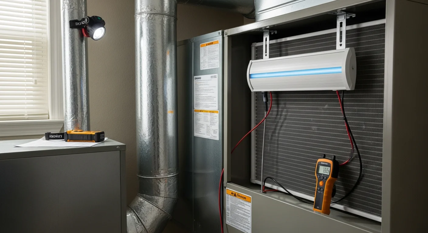 A UV-C light installed inside a residential air handler unit, mounted near the evaporator coil in a Palm Coast home. The image shows the interior of the HVAC system with the UV light in its installed position, illustrating the service provided by Seabreeze Heating & Air.
