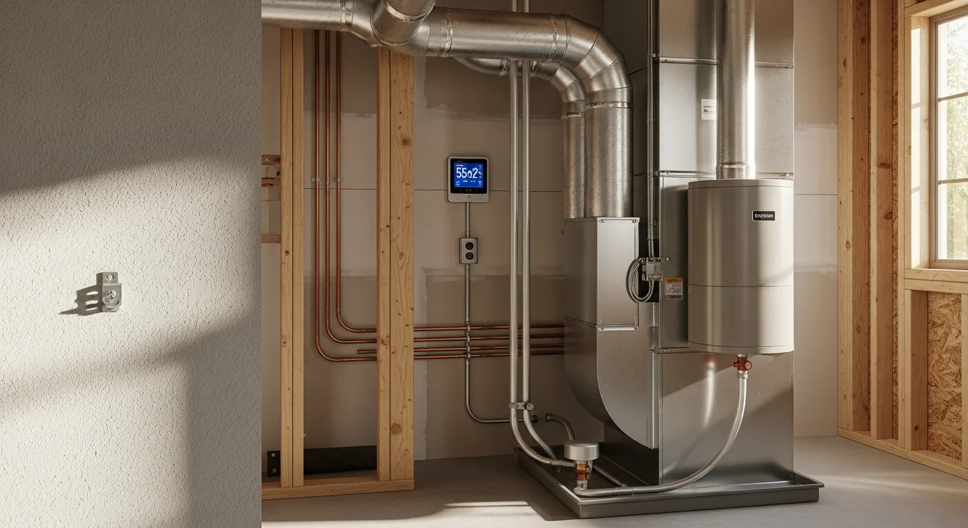 A whole-home dehumidifier unit installed alongside an HVAC air handler inside a Palm Coast, Florida home. The system connects to existing ductwork to control indoor moisture levels throughout the house.